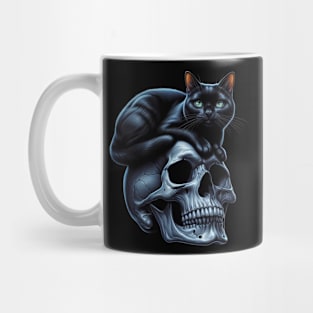 black cat sitting on top of skull Mug